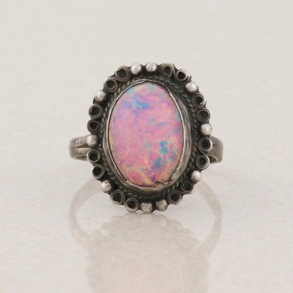 Sterling Silver Mexican Pink Foil Opal Ring Size 6 1/2 - Picture 1 of 8